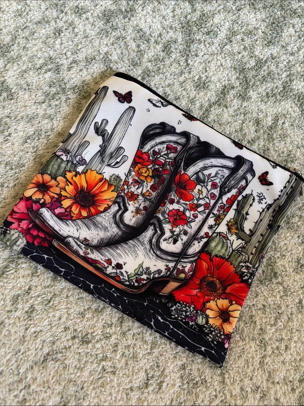 Western Santa Fe Floral Cactus Cowboy Boot Cosmetic Travel Bag Zipper Pouch NWT